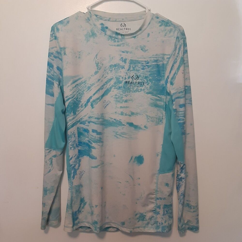 REALTREE Shirt Men Small Blue White Fishing Splatter Aspect UPF30 Performance